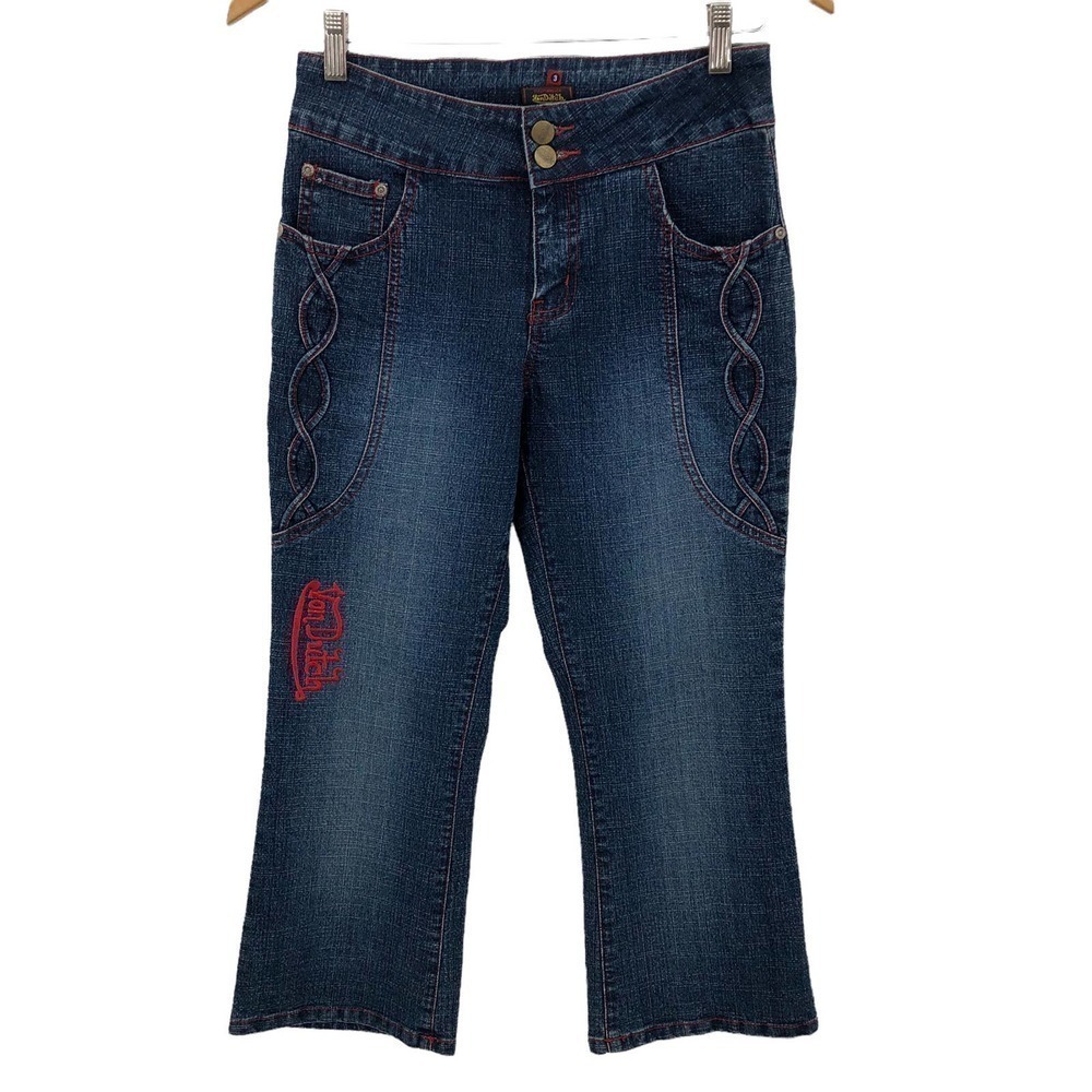 Vintage Von Dutch Capri Jeans Juniors Size 3 Y2K Embroidered Med Wash Mid Rise